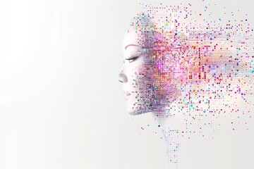 Poster - Artistic depiction of a womans profile disintegrating into colorful particles symbolizing the fusion of human thought and digital technology in a vibrant abstract representation