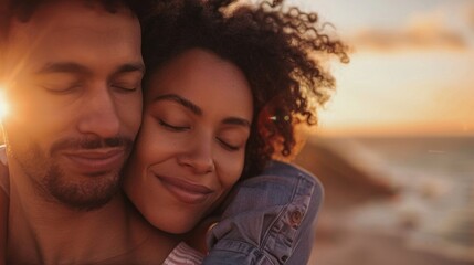 Wall Mural - A man and woman are hugging on a beach at sunset