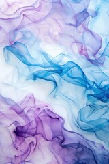 Wall Mural - Alcohol ink painting of transparent flowing chiffon clouds on a white background with blue and purple smoke 