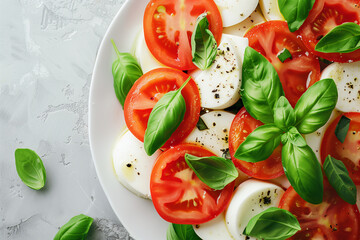 Wall Mural - Italian caprese salad with sliced tomatoes, mozzarella, basil, olive oil.