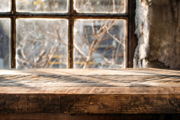 Poster - Empty rustic wooden table by the window illuminating product placement display