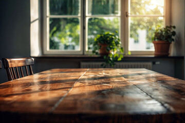 Aufkleber - Empty rustic wooden table by a window with sunshine from window background