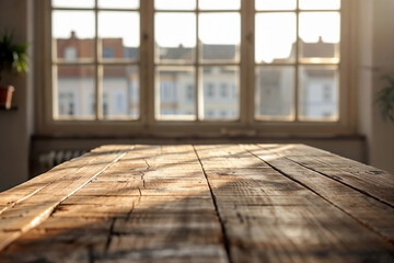 Poster - Empty wooden table casting shadows in sunlit room by window background