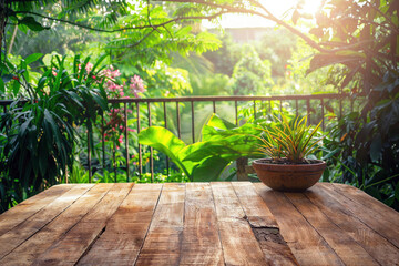 Poster - Empty wooden table presenting lush green tropical plants and flowers in the background