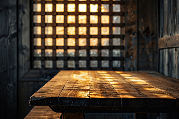 Aufkleber - Empty wooden table receiving warm light coming through window in a dark room