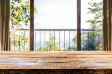Poster - Empty wooden table is presenting open air balcony view with lush green trees, perfect for product placement
