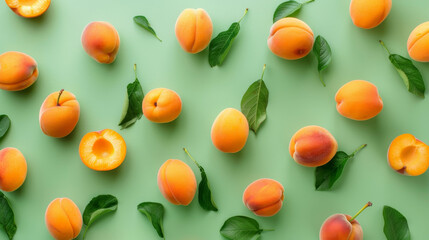 Apricot pattern. Trendy summer background. Ripe fresh apricots on a green background. Top view, flat lay. Ideal for summer sales, advertising, wrapping paper, posters, greeting cards, and cover backgr