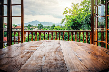 Poster - Empty wooden table showing tropical landscape through open doors, perfect for product placement