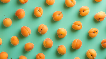 Wall Mural - Apricot pattern. Trendy summer background. Ripe fresh apricots on a green background. Top view, flat lay. Ideal for summer sales, advertising, wrapping paper, posters, greeting cards, and cover backgr