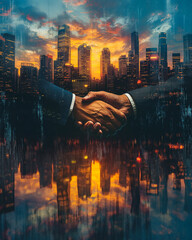 Poster - Businessmen handshake on an abstract background of corporate skyscrapers at sunset, double exposure, symbolizing partnership and success.