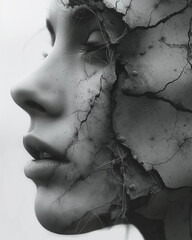 Sticker - A woman's face is shown in a black and white photo with a cracked