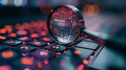 Poster - A magnifying glass is on top of a keyboard. The image has a futuristic and technological vibe