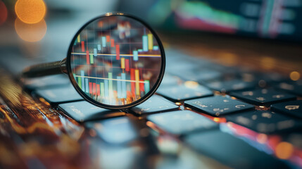 Poster - A magnifying glass is on a keyboard with a graph of stock prices. Concept of analyzing financial data and making informed decisions