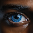 © Vitalii - Blue eye photo. Closeup portrait of a black man. Afro American male model. Image generated by Ai technology