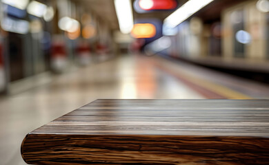 Aufkleber - Empty wooden tabletop perfect for displaying products with a blurred subway station background