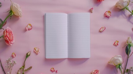 Wall Mural - Blank page notebook with roses on pink background for text placement