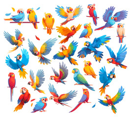 Wall Mural - cute parrots set. bird parrot macaw bright kind. vector illustration cartoon