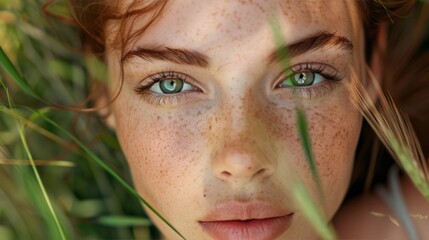 Wall Mural - Woman with natural freckles, confidently embracing her unique look and natural beauty