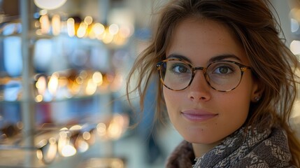 Wall Mural - A woman trying on new eyeglasses, emphasizing style and comfort in eyewear