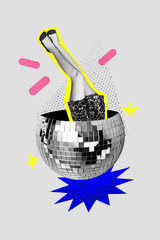 Sticker - Creative trend collage of young lovely female legs discoball have fun enjoy music fantasy billboard comics zine minimal