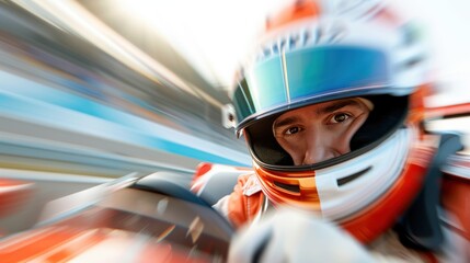 Wall Mural - A thrilling image of a racing driver in a helmet captured during a high-speed race, showcasing the intense focus, adrenaline, and precision required in motor sports.