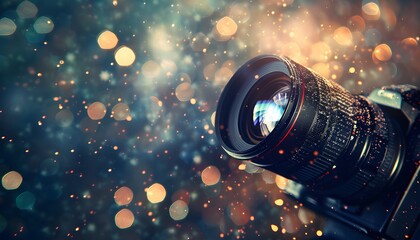 Canvas Print - camera lens closeup lit by orange and purple neon light