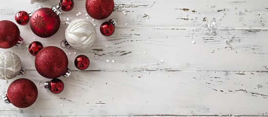 Poster - A festive display of red Christmas ornaments atop a white wooden table offering a perfect spot for a copy space image