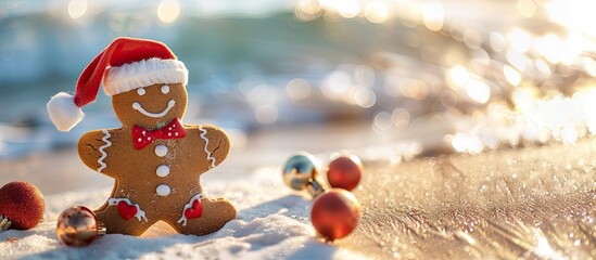 Poster - Delicious gingerbread cookie with Santa hat and festive decorations on sandy beach with copy space image