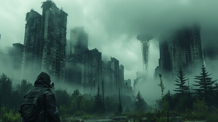 A post-apocalyptic world where nature has reclaimed a once-great city. Towering skyscrapers are now overgrown with vines and trees, and animals roam freely through the ruins