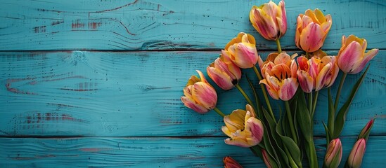 Poster - Copy space image featuring a stunning bouquet of fresh yellow and pink tulips against a blue wooden backdrop
