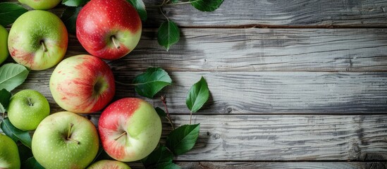 Poster - Copy space image with green and red apples on a grainy grey wooden background for text and templates
