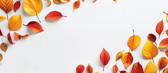 Sticker - Flat lay composition of yellow and red autumn leaves on a white background with copy space image Perfect for fall back to school themes