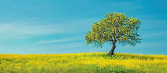 colorful spring landscape featuring blooming rapeseed fields and a tree set against a vivid blue sky