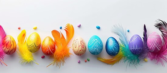 Poster - Easter holiday themed flat lay with colored handmade eggs painted with feathers on a white background creating a seasonal copy space image