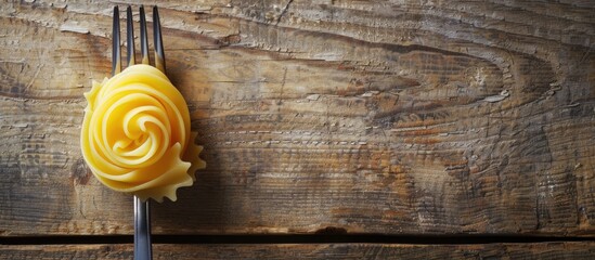 Poster - Pasta swirls with a fork on a rustic wooden backdrop create a captivating copy space image