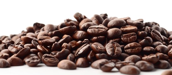 Poster - Close up of a heap of coffee beans on a white background with copy space image perfect for text placement Begin your day with a fresh brew