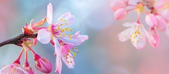 Poster - Macro shot of the blossoming Cerasus lannesiana Kawazu zakura with a blank space for text or graphics in the image. copy space available