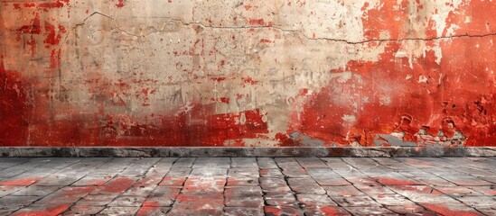 Poster - Grunge decorative pattern on the street with a weathered stained old stucco wall background in a room featuring a clean color and aged paint on red brick concrete set in a Valentine s Day concept cop