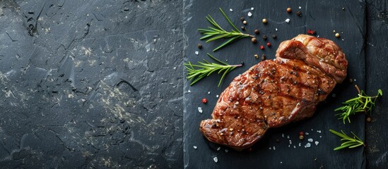 Poster - A top down view of a medium rare grilled beef steak placed on a black stone table with ample copy space image available