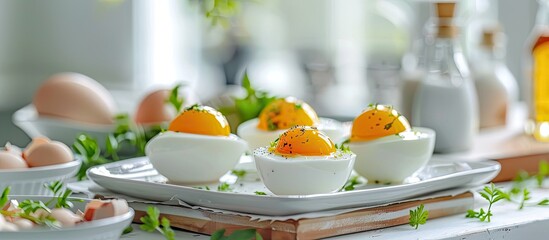 Poster - Egg holders with soft boiled eggs arranged elegantly on a table leaving space for text alongside a captivating copy space image