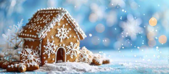 Poster - Romantic gingerbread house with snowflakes on a blue background perfect for Christmas or winter themed copy space image