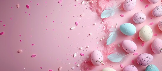 Aufkleber - A minimal Easter greeting card design featuring pastel pink background with colored eggs feathers and copy space image viewed from above in a flat lay style