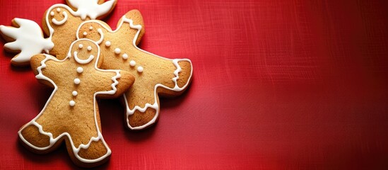 Poster - A festive gingerbread cookie with little angels on a red background symbolizing the Christmas spirit Ideal for holiday themed designs with a copy space image