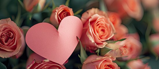 Poster - A pink paper heart is nestled in a bunch of lovely roses creating a charming display that could be used as a copy space image