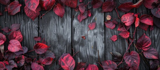 Sticker - Close up of burgundy autumn leaves with copy space image on a wooden backdrop