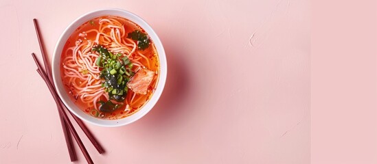Poster - Yentafo a renowned pink soup noodle is a popular dish featured in a prominent food image with copy space