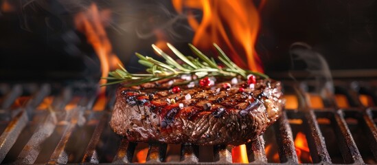 Poster - A succulent beef steak sizzling on a BBQ grill with a rustic background and ample copy space image making it an appetizing and wholesome meal option
