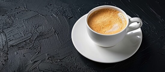 Aufkleber - Coffee cup with frothy foam on a white saucer against a dark backdrop with copy space image