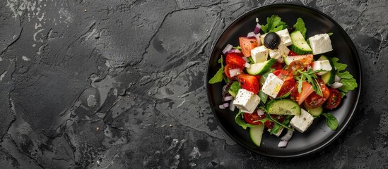 Poster - A Greek salad set on a stylish dark plate atop a sleek dark concrete surface with ample copy space image for a banner