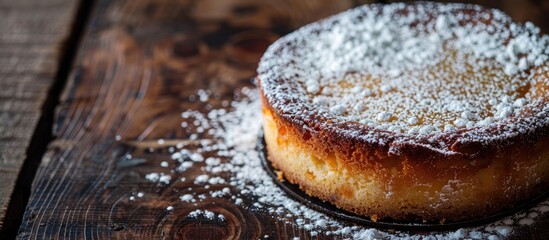 Poster - Close up of a cheesecake with powdered sugar resting on a dark wooden table with copy space image